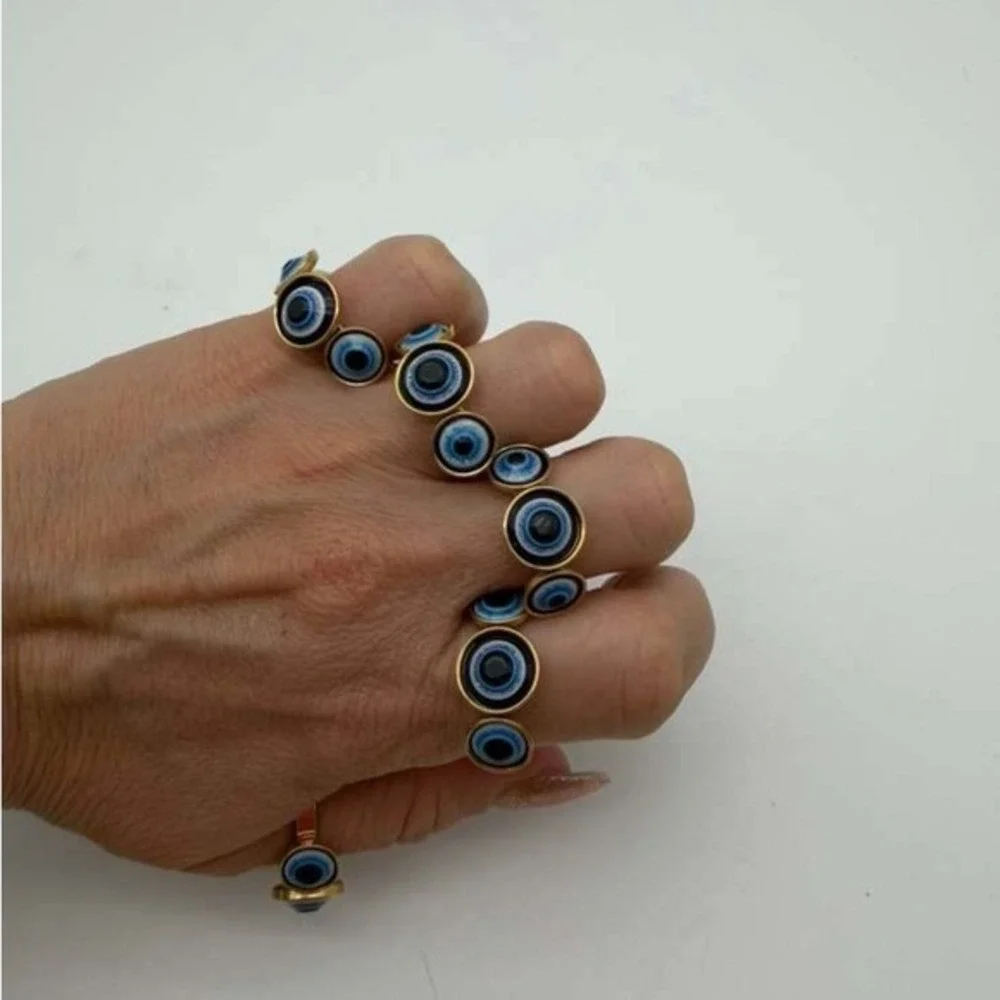 Gold Evil Eye Ring Stainless Steel Blue Nazar Protection‎ Statement Ring Size 8